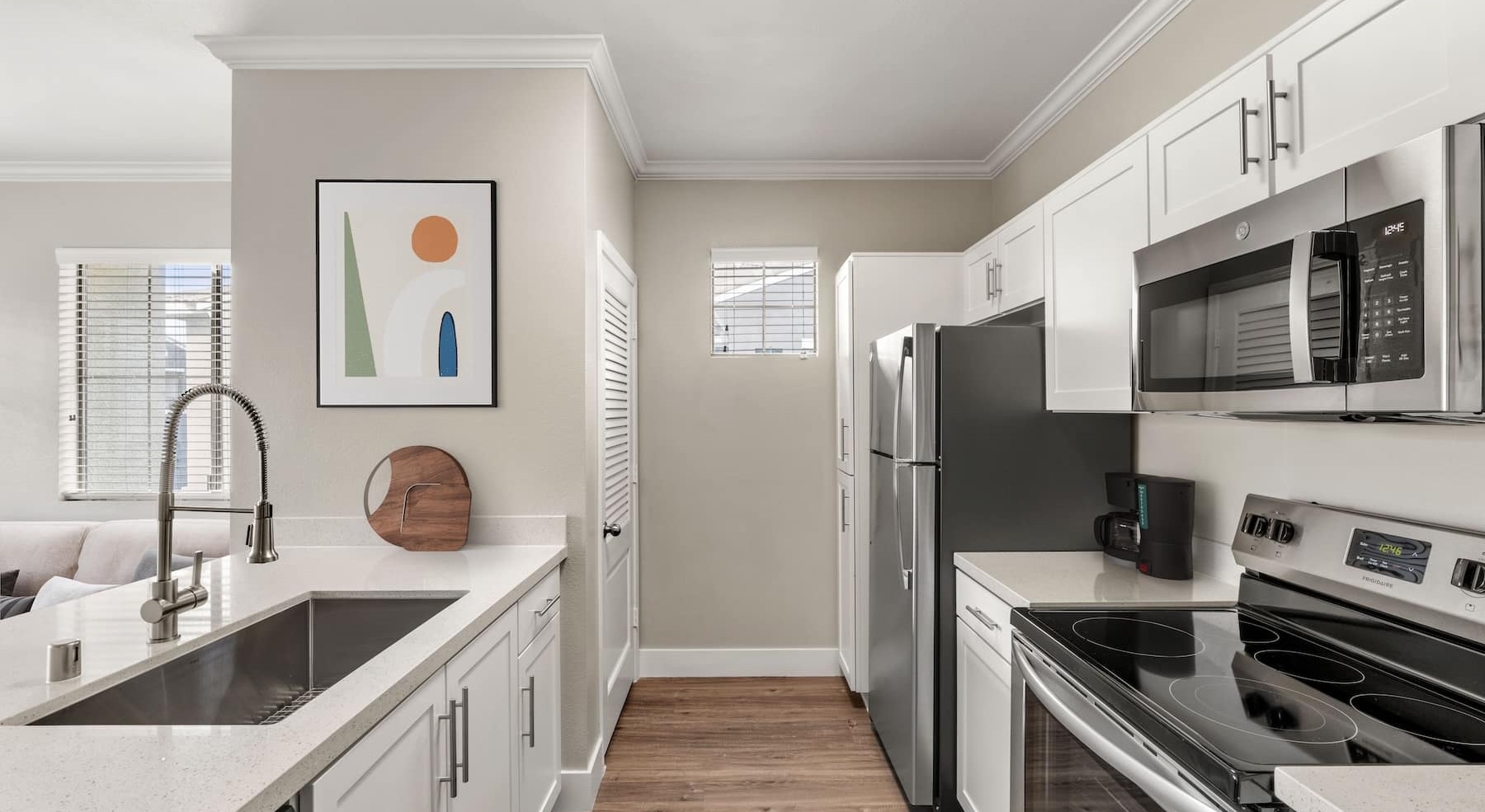spacious kitchens on wooden flooring 