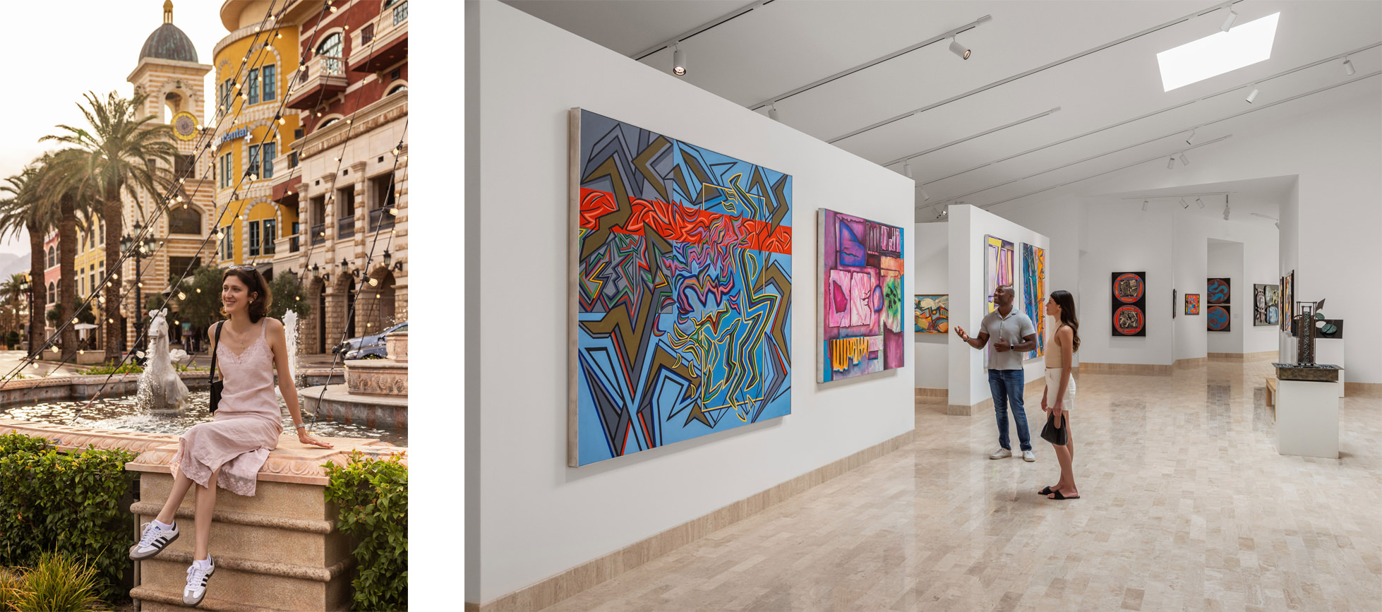 Woman sitting in front of a fountain at a Las Vegas hotel and a couple admiring artwork at a museum.